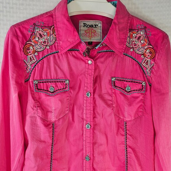 Roar Pink Embroidered Western Button-Down Shirt With Zipper detail - Picture 2 of 11